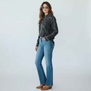 Dear John Western Star Shadow Snap Up Shirt Black Plaid White Trim Large Prairie